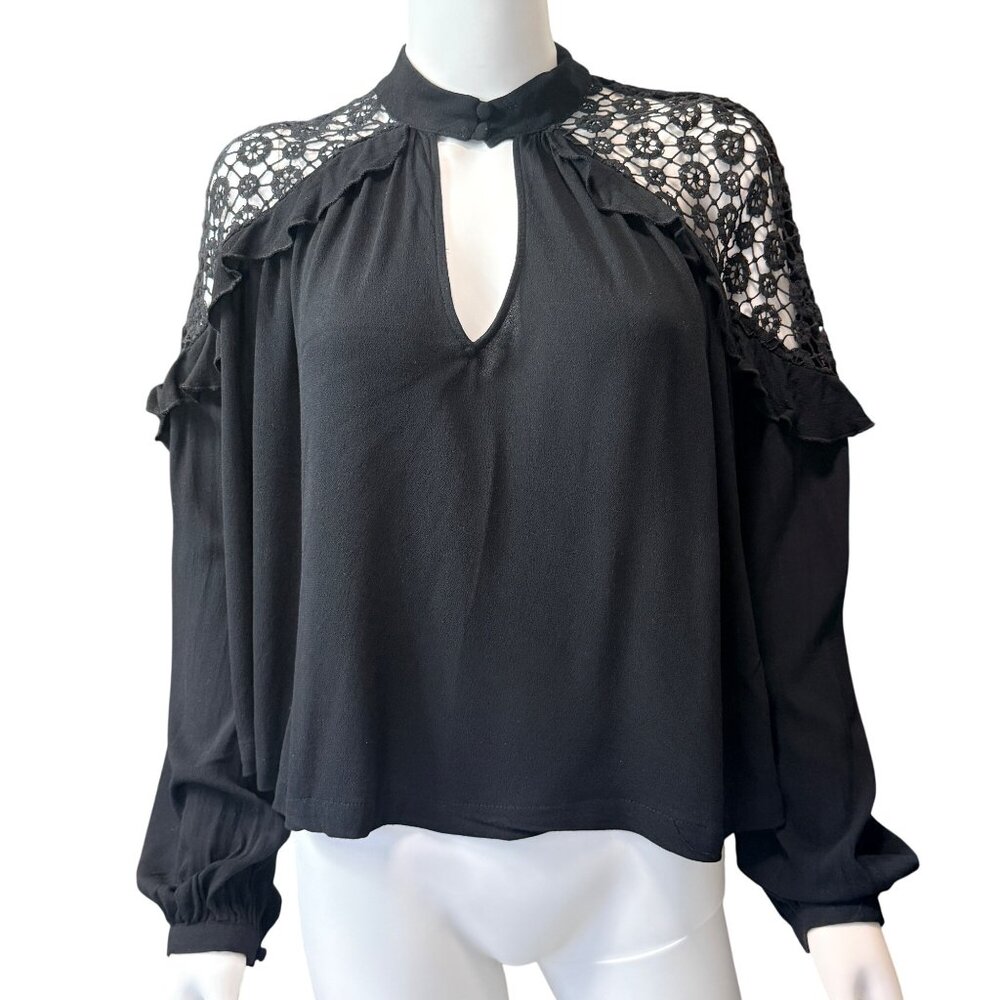 Free People Top Womens S Black Rayon Lace Ruffle Keyhole Long Sleeve Blouse